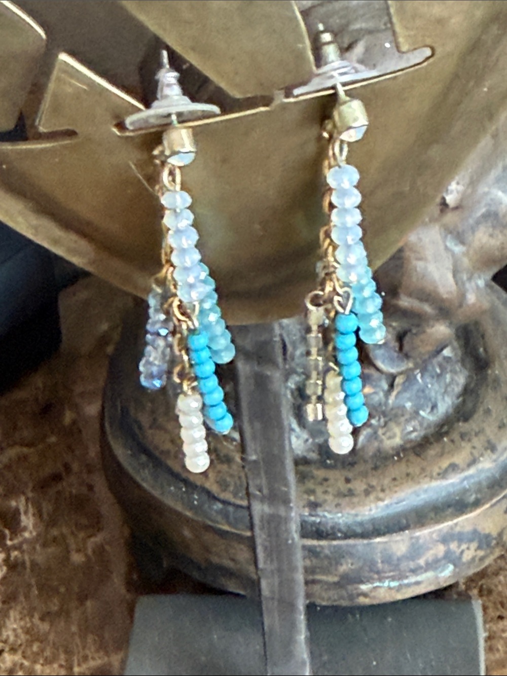 Gold-Tone Blue Bead Cascade Drop Earrings pierced